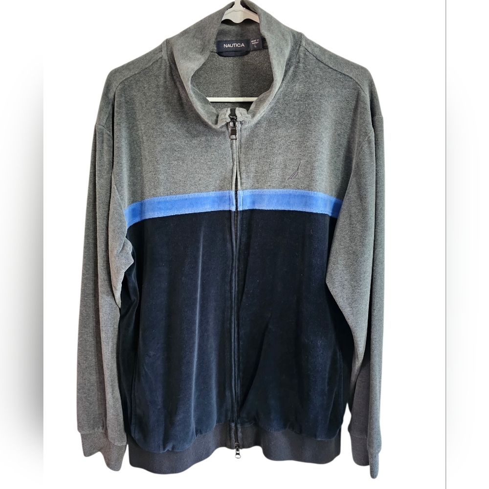 Nautica Men L Velour Track Jacket Grey Black Blue Colorblock Archival Statement - Picture 2 of 7